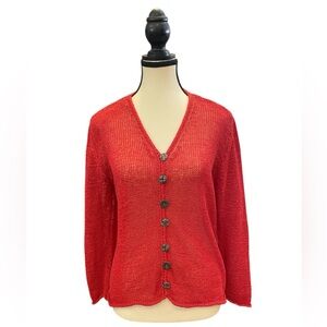 Red Button-Up Cardigan Size S/M made of ribbon yarn drapes close to body